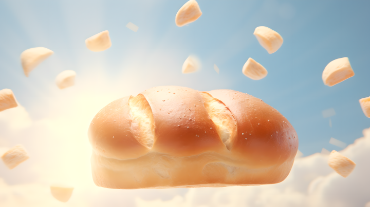 黄油面包飘浮在天空的美食摄影图版权图片下载