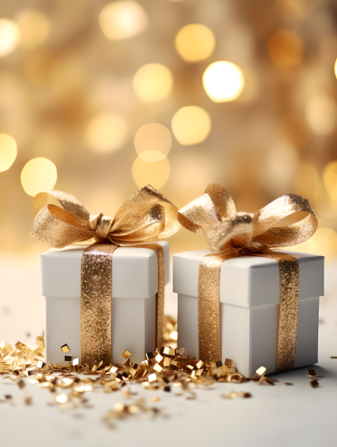 金色缎带点缀的白色礼盒摄影图片