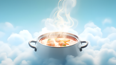 鲜虾汤飘浮在天空摄影图