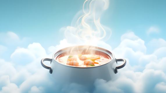 鲜虾汤飘浮在天空摄影图