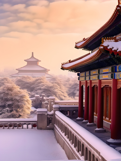 紫禁城雪景红色柱子摄影图
