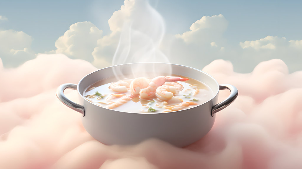 鲜虾汤飘浮在天空中摄影版权图片下载