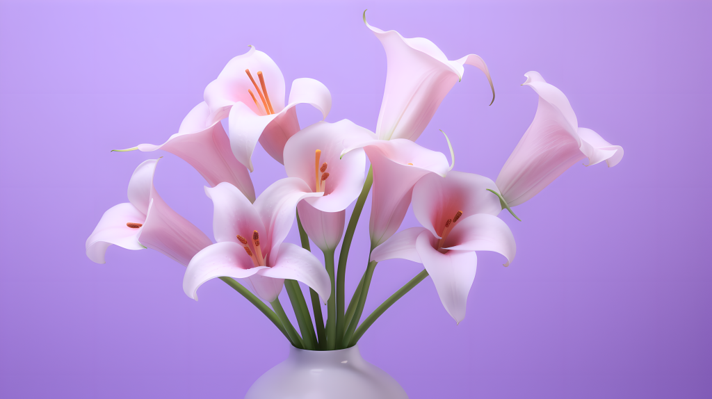 粉色百合花瓶梦幻紫色背景摄影图片