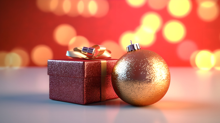 圣诞礼盒金色装饰球摄影版权图片下载