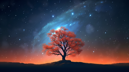 梦幻星空橙色大树摄影图
