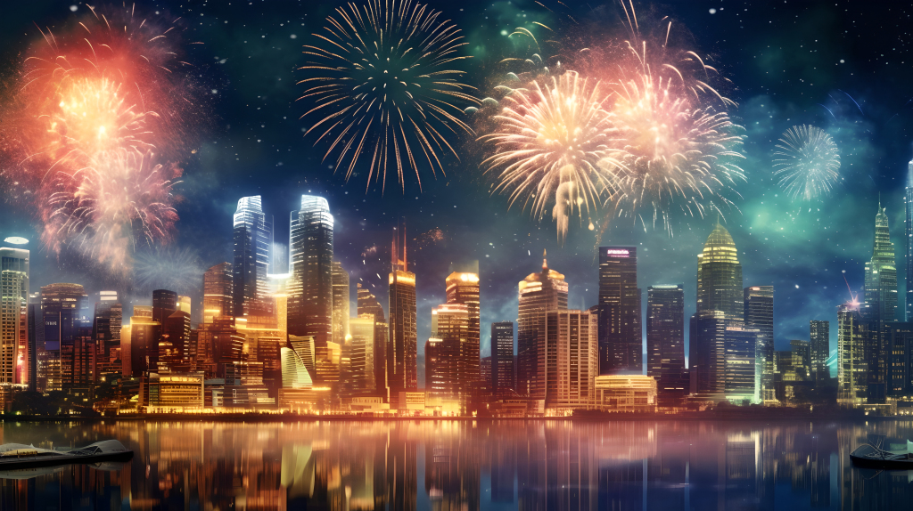 夜幕下摩天楼上的霓虹烟花摄影图