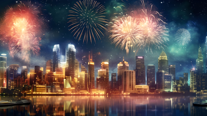 夜幕下摩天楼上的霓虹烟花摄影图