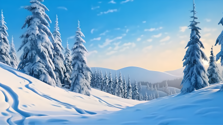 冬日蓝天下的雪山与冬树摄影图片