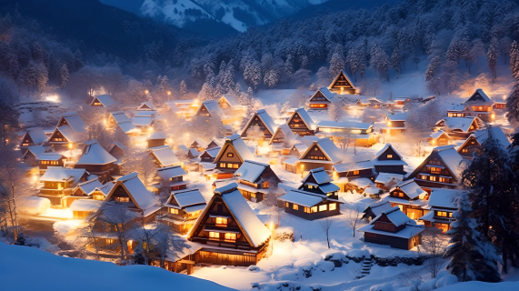 冬季美丽灯光与雪的村庄摄影图片