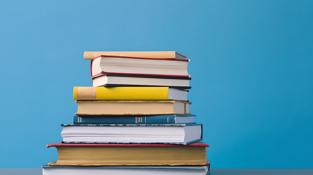蓝色背景的书本堆叠摄影图