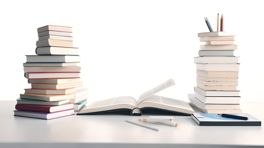 书堆前白桌摄影图片