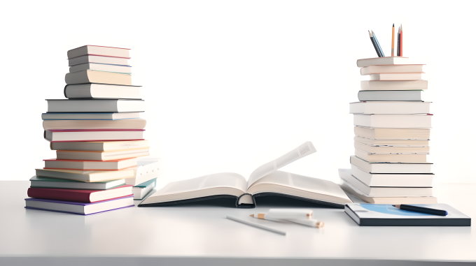 书堆前白桌摄影图片