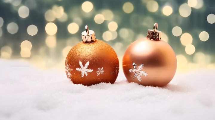 圣诞节冬日雪地中的橙色铜饰圣诞摄影图版权图片下载