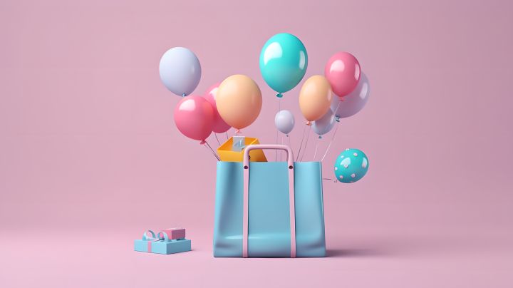 神奇气球购物袋梦幻紫红和天空蓝的摄影版权图片下载