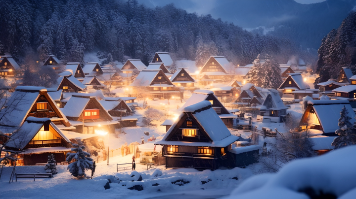 小村庄美丽照明大雪摄影版权图片下载
