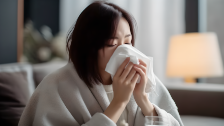 流感休息室中的女子抹鼻涕摄影图