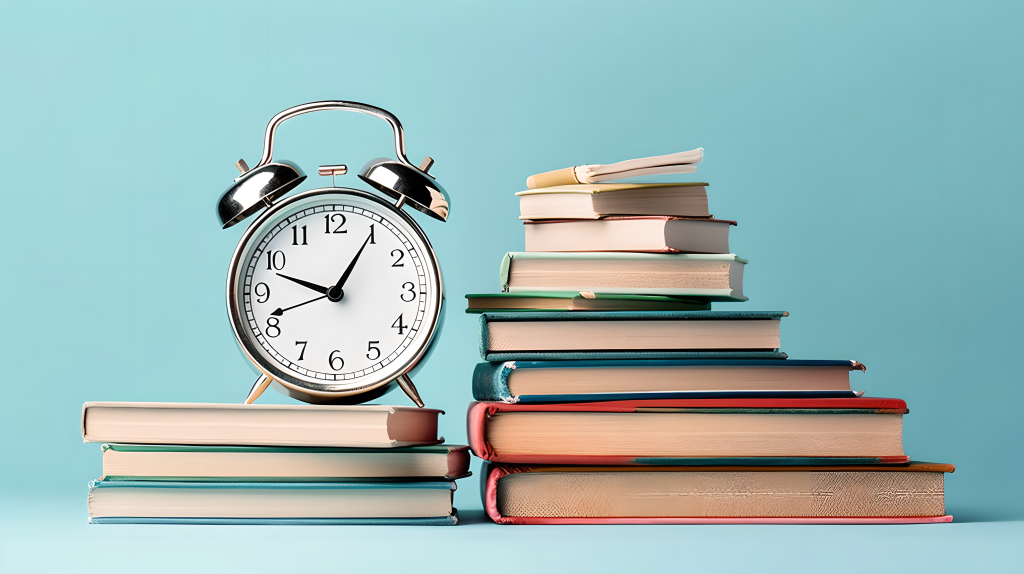 学习教育书籍和闹钟摄影图版权图片下载