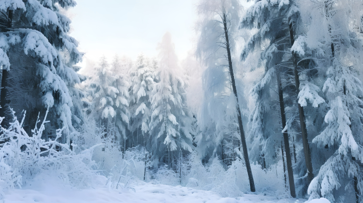 冬天白雪覆盖的斜坡与冬树摄影版权图片下载
