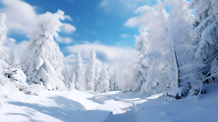 冬天白雪覆盖的斜坡与冬季树木摄影版权图片下载