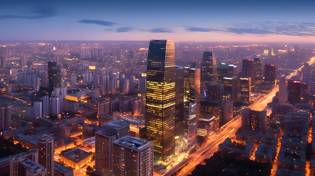 摩天大楼建筑群黄昏时分摄影图版权图片下载