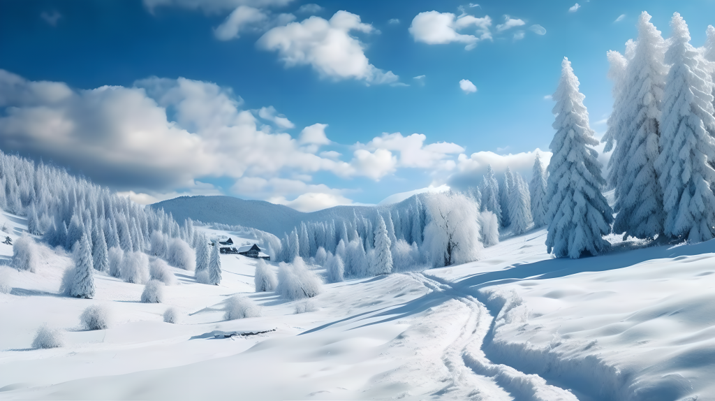 银白松雪纷飞的冬季风景摄影图