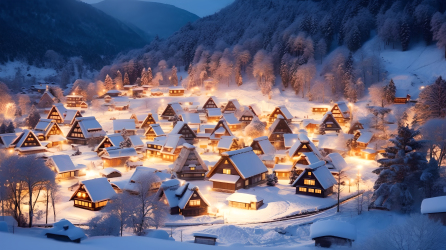 美丽梦幻的日本冬日村庄摄影图