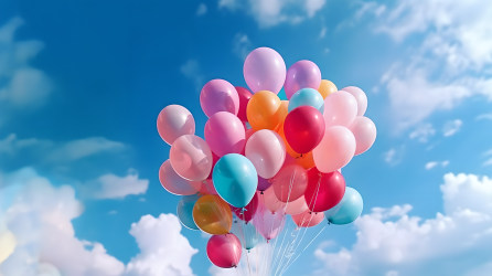 多彩气球飘在天空中摄影图片