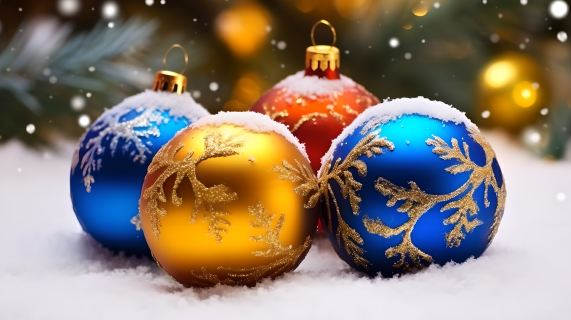 圣诞节圣诞饰品明亮橙色和青铜色自然雪上的摄影图片