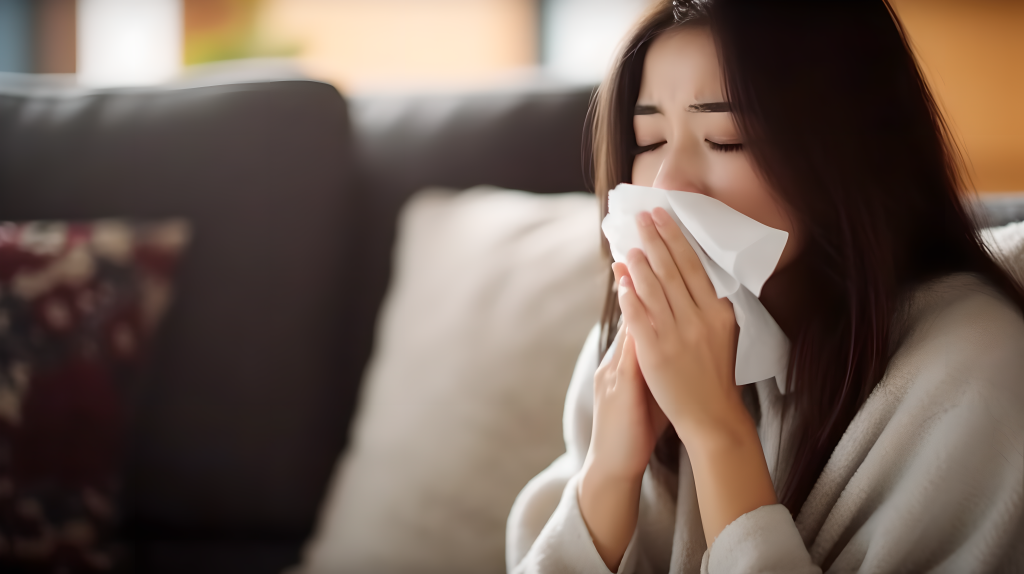 女子感冒擤鼻涕情景摄影图片