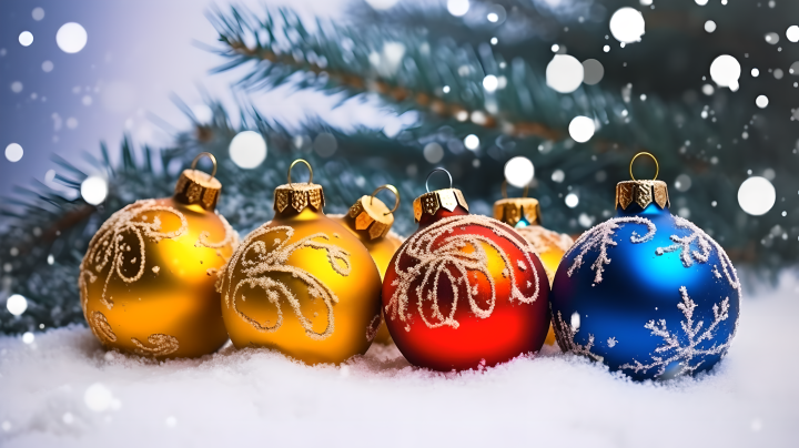 圣诞节冰雪中的橙铜色圣诞装饰摄影版权图片下载