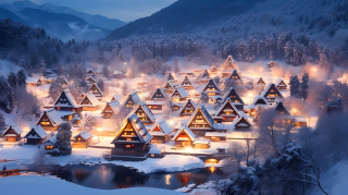 冬日美丽的灯光与雪景摄影图片