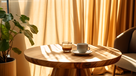 餐厅咖啡桌上的柔和光影木制圆桌摄影图片