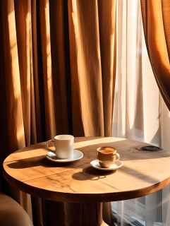 浪漫餐厅木质圆桌上的咖啡摄影图