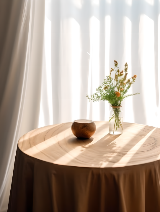 餐厅木质圆桌上的咖啡杯摄影版权图片下载