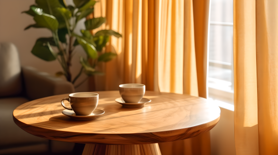餐厅木质圆桌上的咖啡摄影图