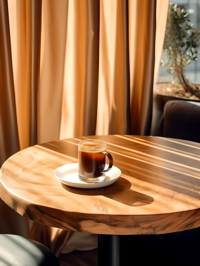 咖啡馆木质圆桌摄影图片