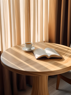 餐厅木质圆桌上的咖啡摄影图片