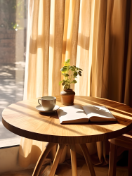 木质圆桌上的咖啡馆静物摄影图
