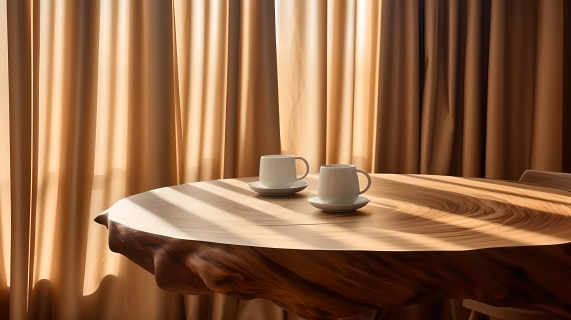 餐厅木质圆桌上的咖啡