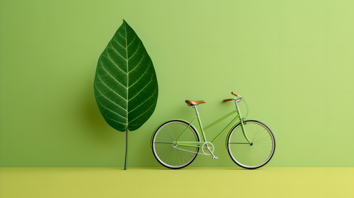绿色出行和节能减排一张自行车和一片叶子的高品质照片版权图片下载