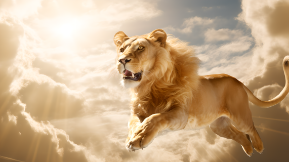 金色狮子天空中奔跑图片