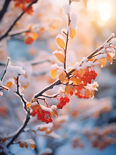 冬季黄叶红浆果图片