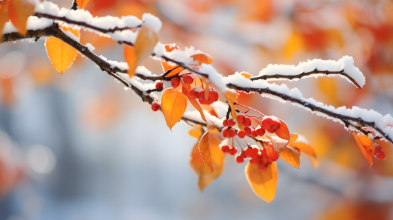 冬日红黄枝上的浆果摄影图片