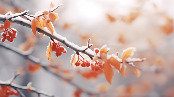 冰雪枝上黄色树叶摄影图