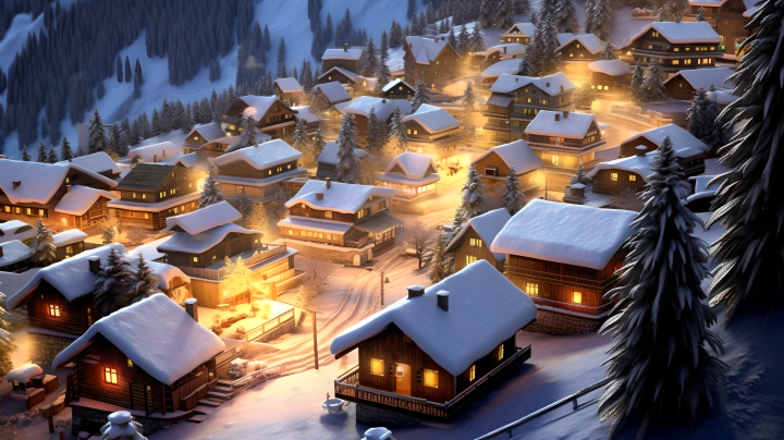 雪中瑞士村庄摄影版权图片下载