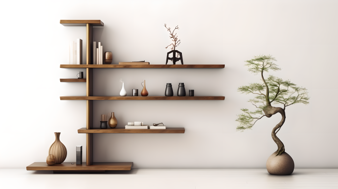 日式木质书架摄影图片