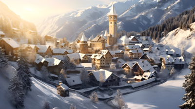瑞士风情小镇雪景摄影图