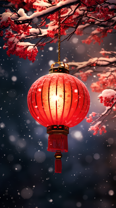 雪天挂在树枝上的红灯笼摄影版权图片下载