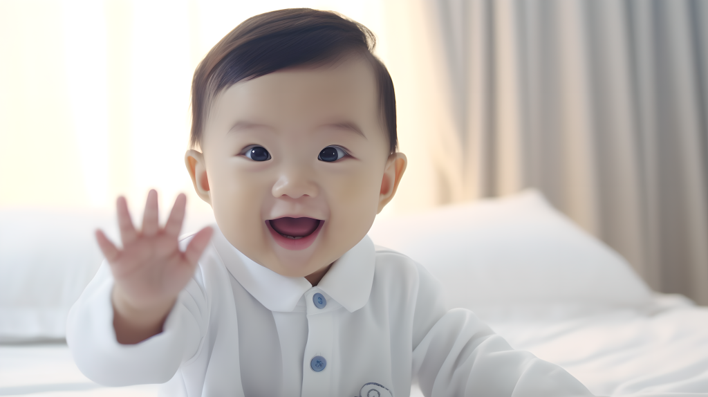 打招呼的可爱宝宝摄影图版权图片下载