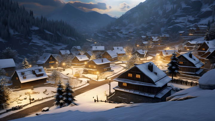 小镇雪景冬日风景摄影版权图片下载